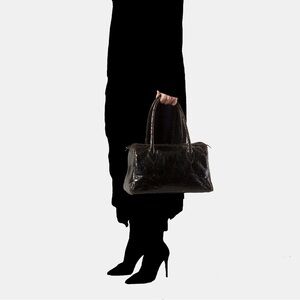 Marc Marmel Roberta Chic Black Distressed Crackle Leather Doctor Satchel Bag